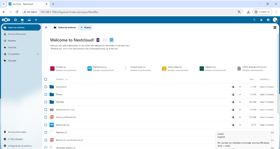 captura de la meva pàgina en nextcloud